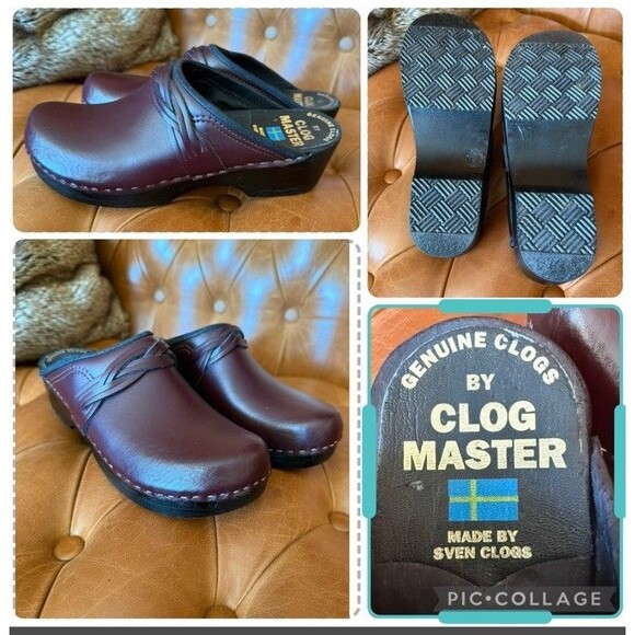 Sven Clog Master Women Eu 41 Burgandy Leather Woven Accent Shoes Wooden Slip On - Picture 2 of 10